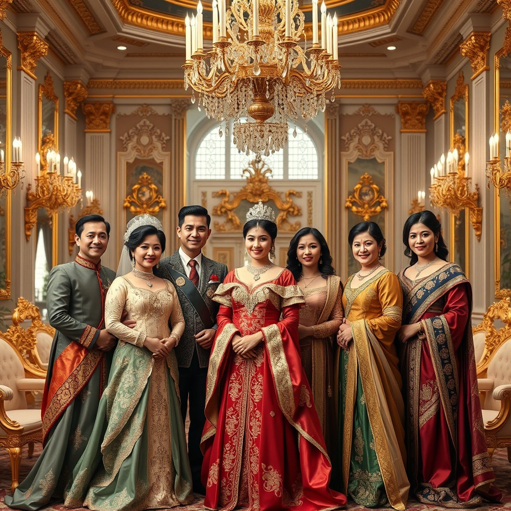 A majestic royal family portrait set in a grand palace with opulent decor