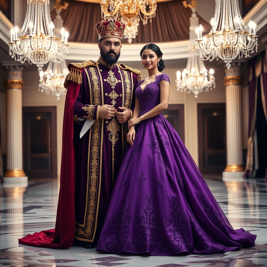 A regal king standing proudly next to a beautiful queen in a stunning purple ball gown