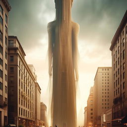 An extraordinarily tall giantess standing amidst a bustling city, her figure so tall that it pierces the sky while buildings seem tiny in comparison.