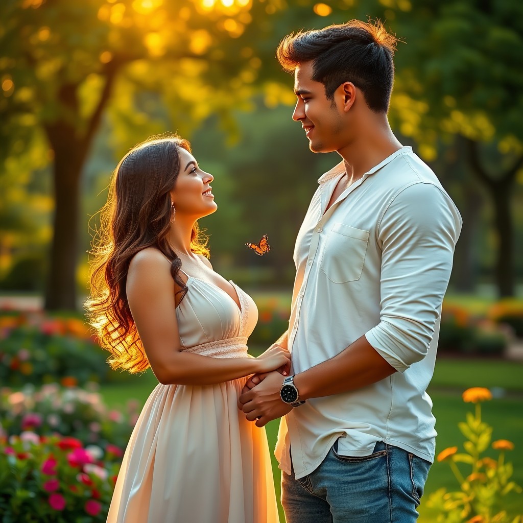 A romantic couple standing together in a lush, green park at sunset