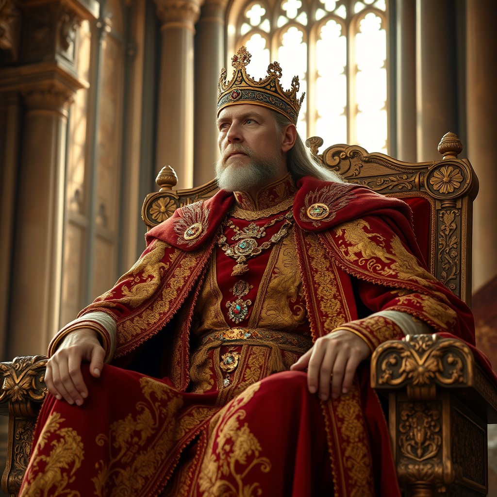 A majestic king seated on a grand throne, adorned in royal garments with intricate golden embroidery