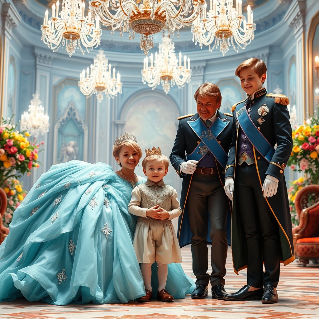 A magical royal scene featuring a 12-year-old princess wearing a beautiful teal ball gown intricately detailed with sparkling gems and flowing layers