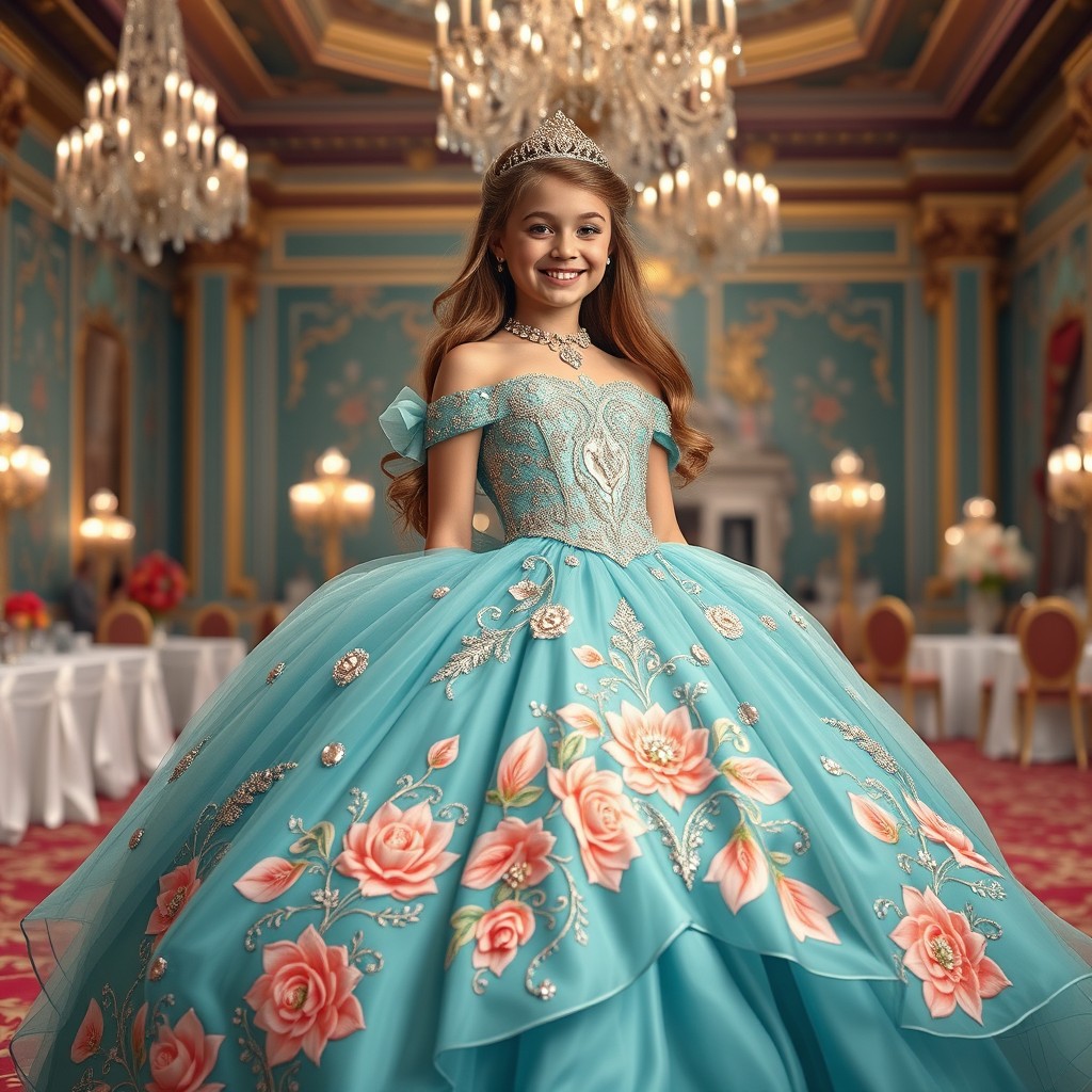 A 12-year-old princess wearing an extravagant and large teal ball gown, adorned with intricate floral patterns and sparkling jewels
