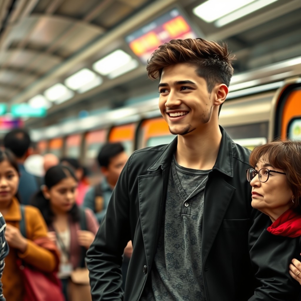 A young man in a stylish outfit, standing confidently in a bustling train station, facing a surprised passenger