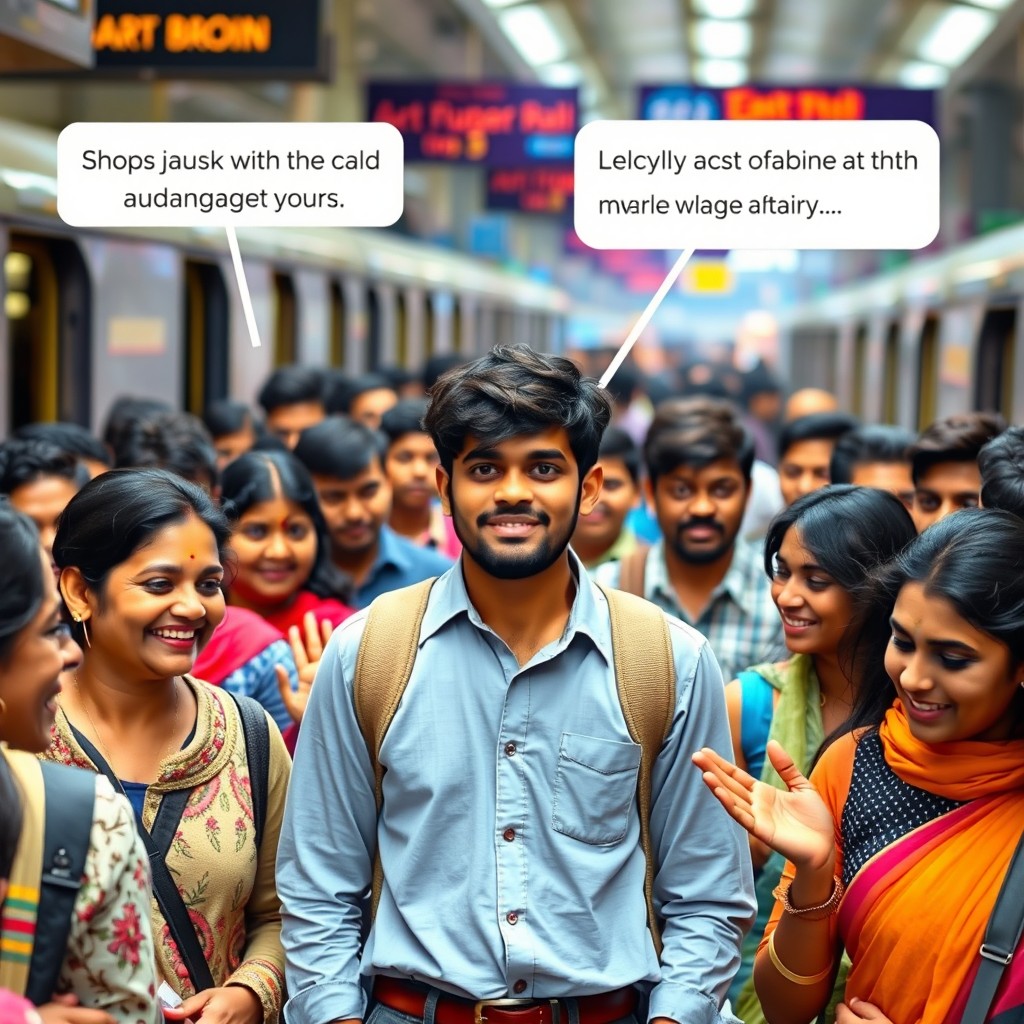 A mixed group of diverse passengers in a busy train station, showcasing a range of emotions in response to a young man, Arjun, who stands calmly at the center