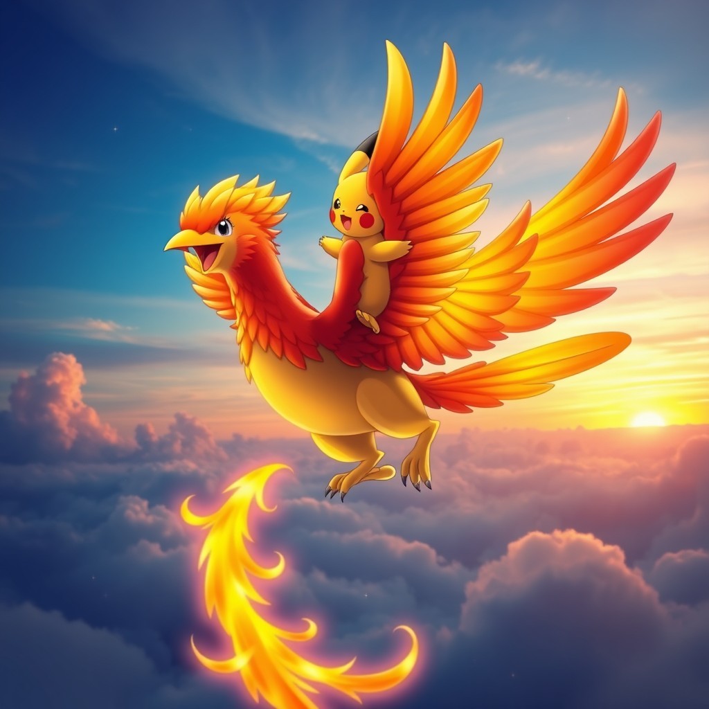 A vibrant and imaginative scene featuring Pikachu riding a majestic phoenix