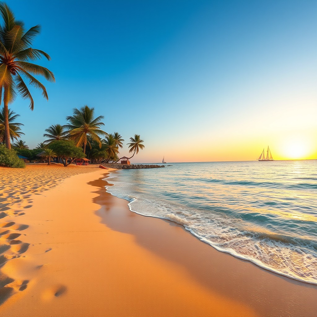 A beautiful beach setting with soft golden sand, calm turquoise waters, and a clear blue sky