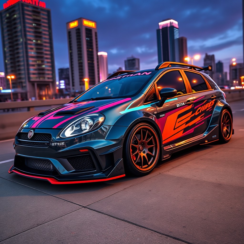 A modified Fiat Stilo Multiwagon designed in the Rocket Bunny style, featuring an aggressive body kit, wide fenders, and a low stance