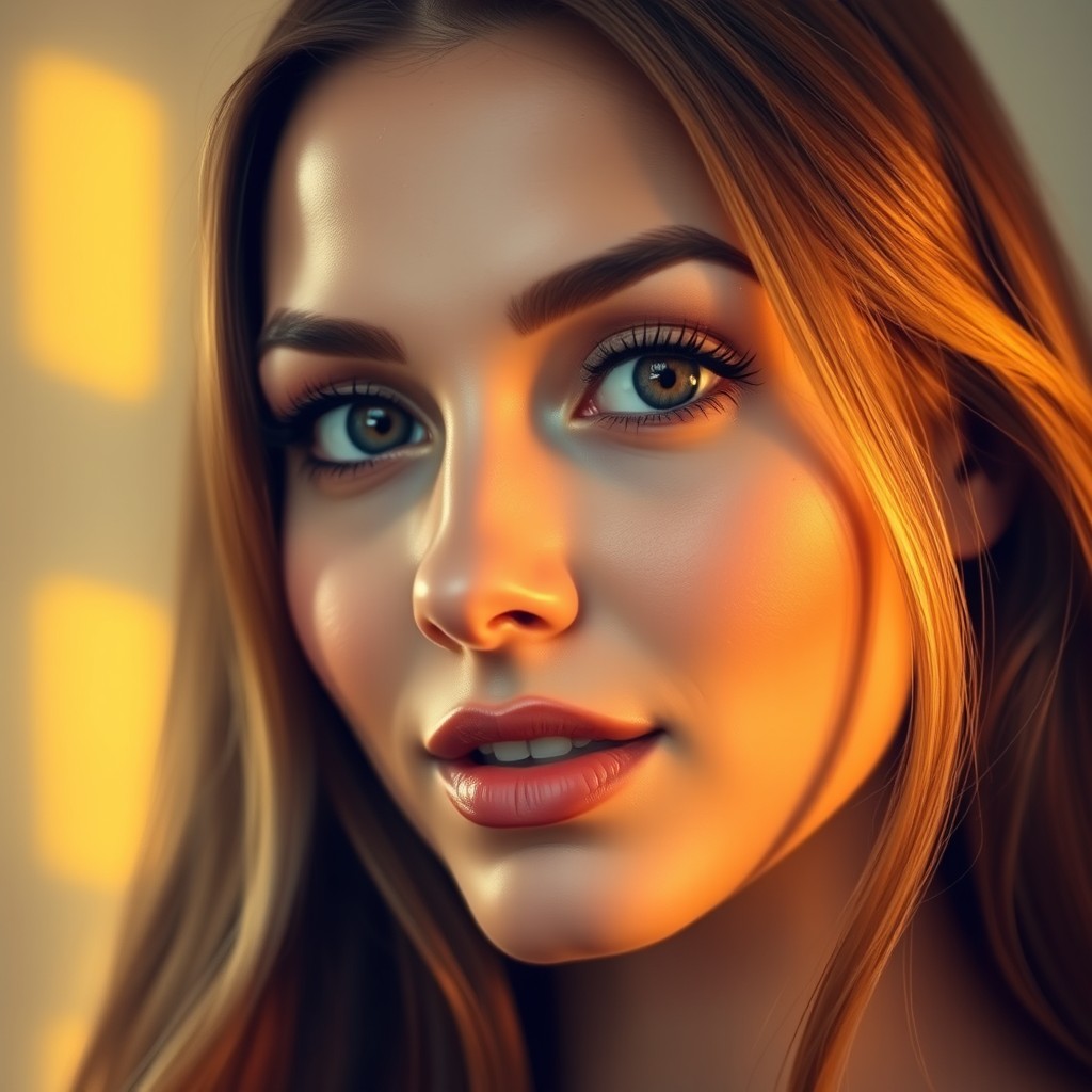 A close-up portrait of a woman with a serene expression, her eyes wide open and bright, radiating confidence and beauty