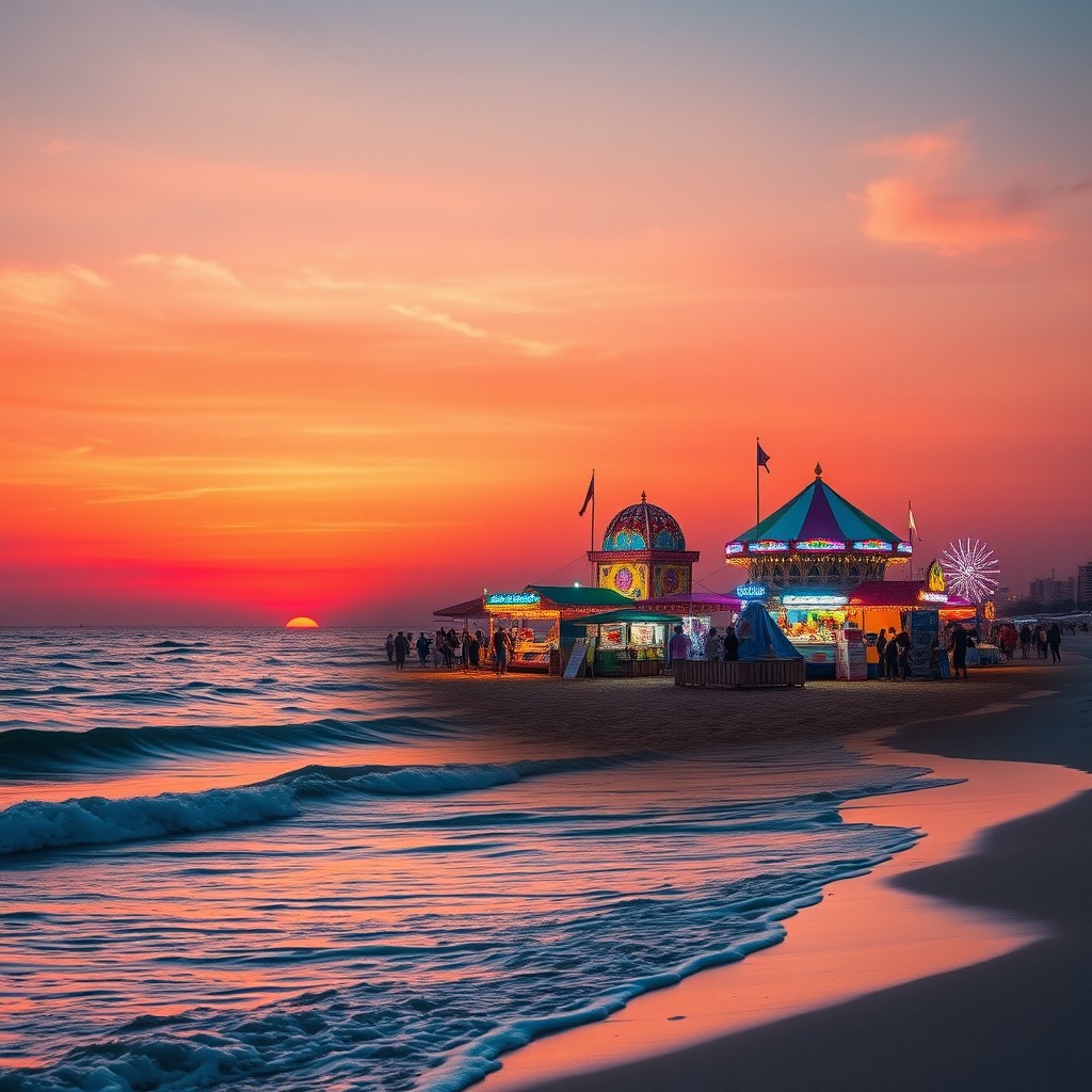 A breathtaking sunset landscape featuring a tranquil beach with soft waves gently lapping at the shore, flecks of pink and orange blending together in the sky as the sun begins to dip below the horizon