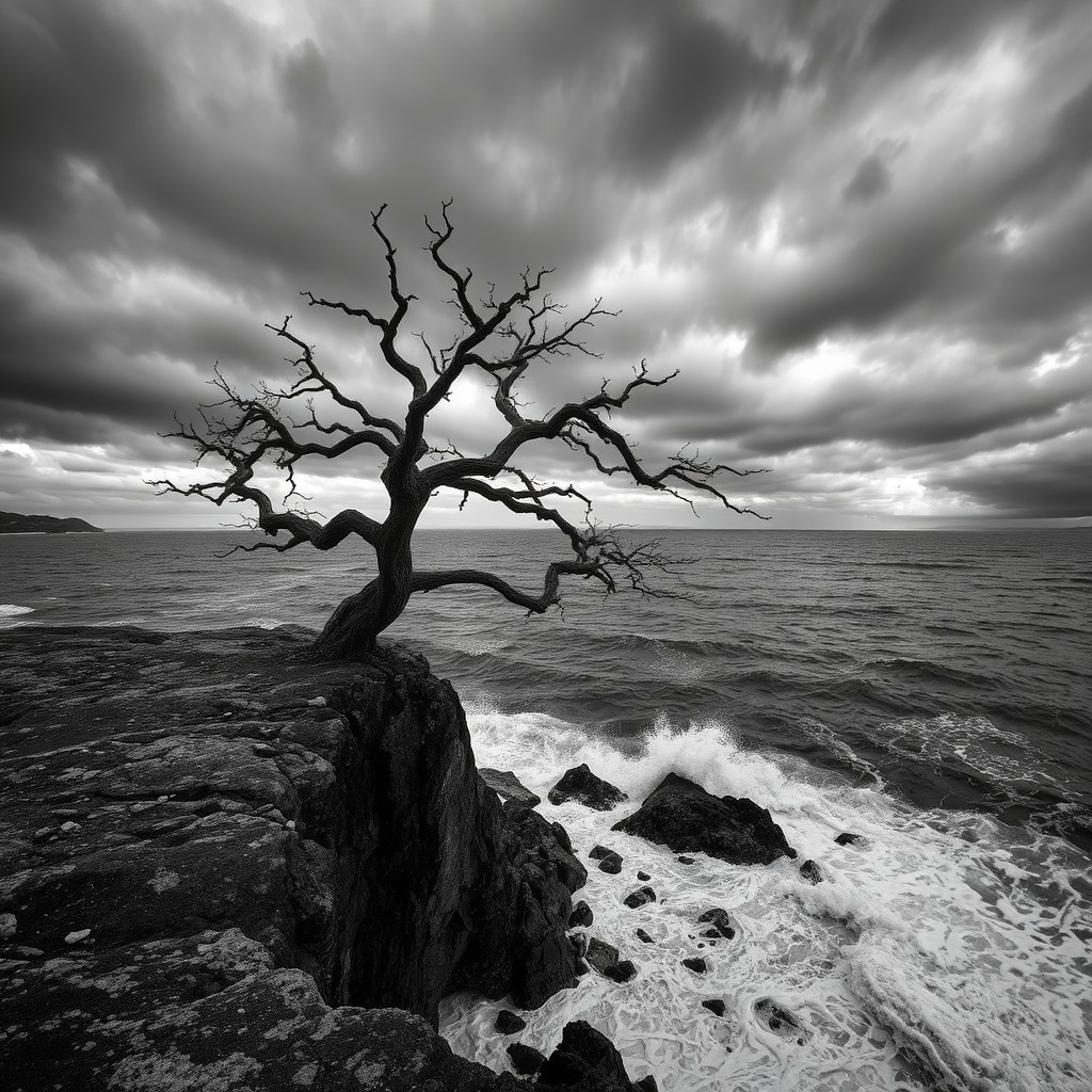 A high-contrast black and white image capturing a dramatic landscape