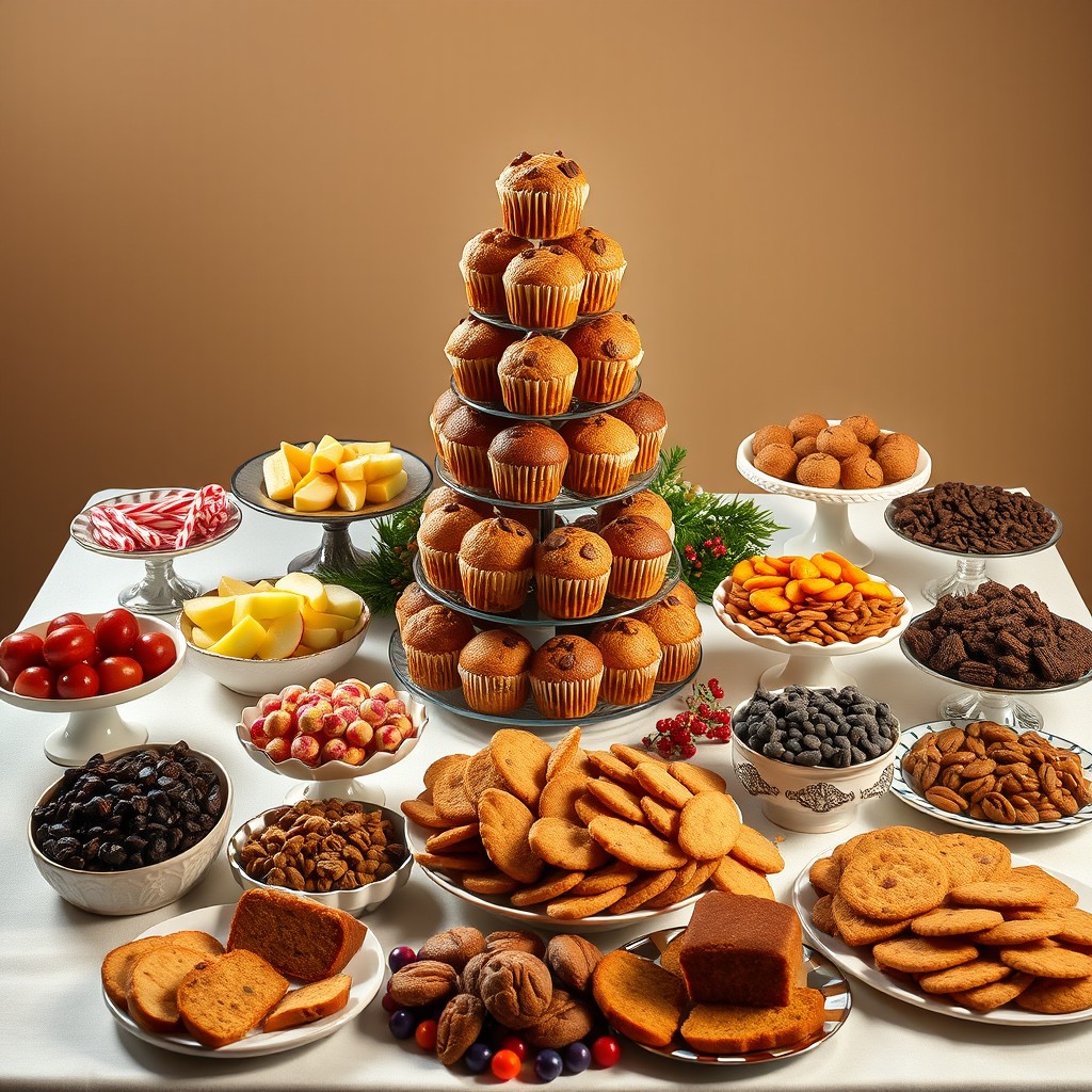 A beautifully arranged holiday dessert table viewed from the center, with warm, professional lighting creating a cozy atmosphere
