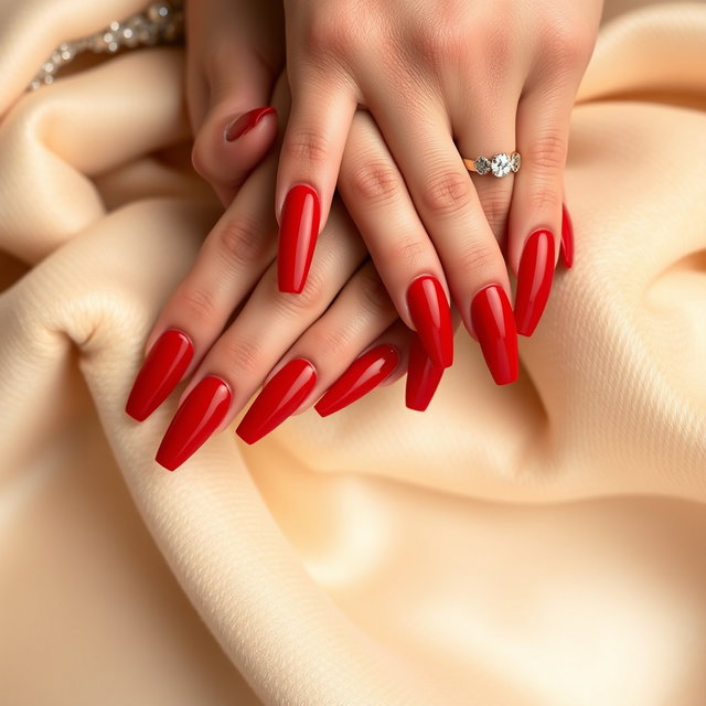 A beautifully detailed view of a pair of elegant, manicured hands with long, glossy red nails, the fingers gracefully posed