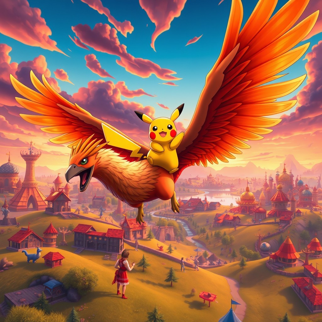 A vibrant and dynamic fantasy scene featuring Pikachu riding majestically on the back of a grand, fiery phoenix