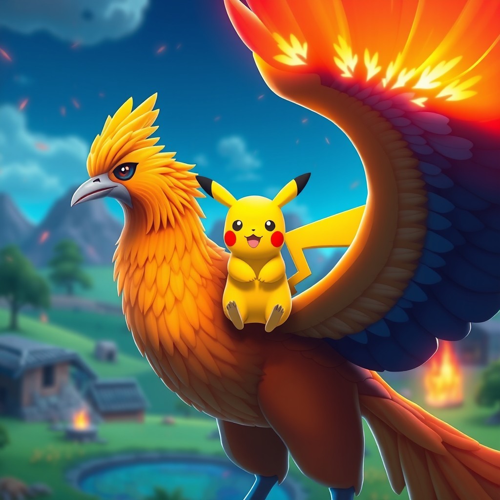 A playful Pikachu perched confidently on the back of a majestic phoenix, with vibrant flames illuminating the scene