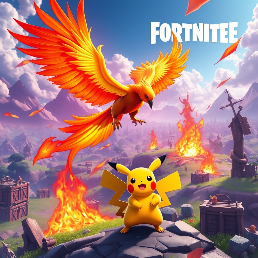 An epic scene featuring a phoenix soaring above a dynamic Fortnite landscape, vibrant and colorful, with a stylized character resembling Pikachu exhibiting playful energy, surrounded by Fortnite elements like loot crates and famous landmarks