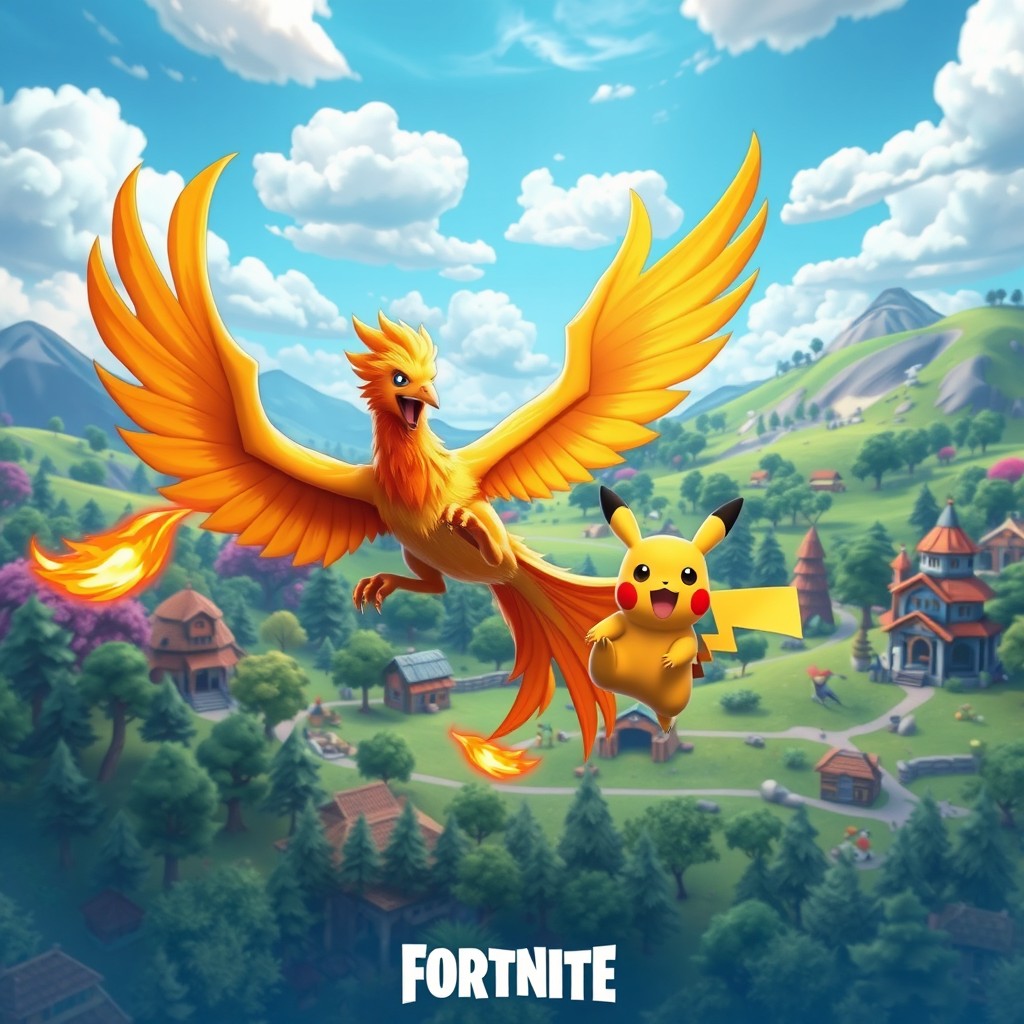A colorful and dynamic Fortnite scene featuring a mythical phoenix soaring through the sky, flames trailing behind, alongside a small, cute Pikachu with its characteristic lightning bolt tail