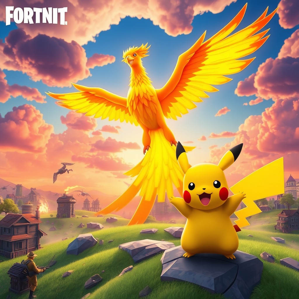 A vibrant and dynamic Fortnite landscape featuring a majestic phoenix with its fiery wings spread wide, soaring through the sky