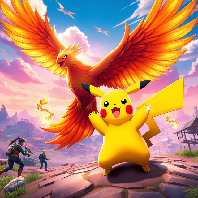A vibrant Fortnite-style scene featuring Pikachu alongside a majestic phoenix