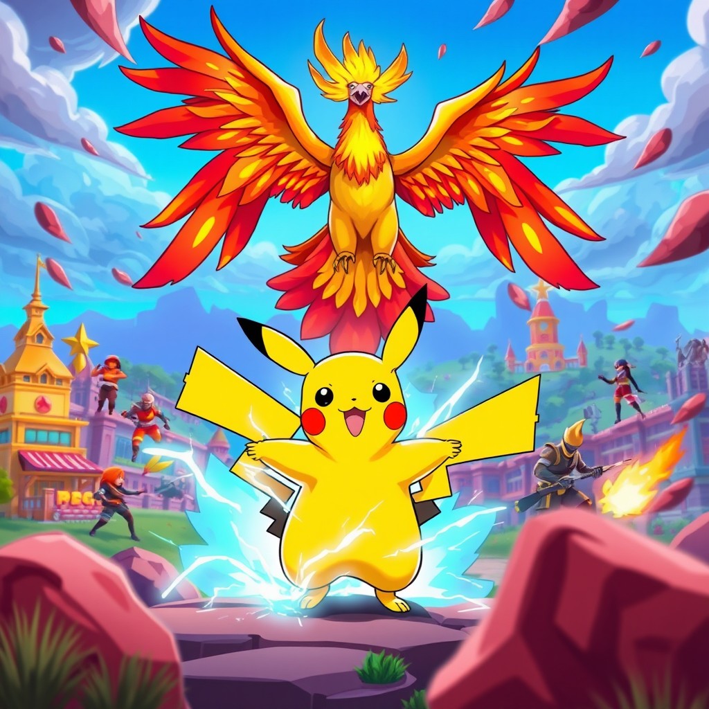 A vibrant and dynamic scene featuring a Fortnite battle arena, with a cartoonish style