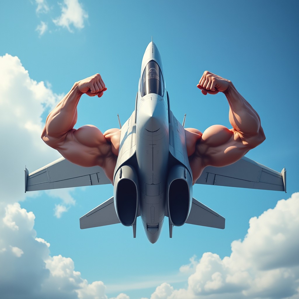 A fighter jet designed with muscular manly arms, creatively integrated into the aircraft's structure, emphasizing strength and power