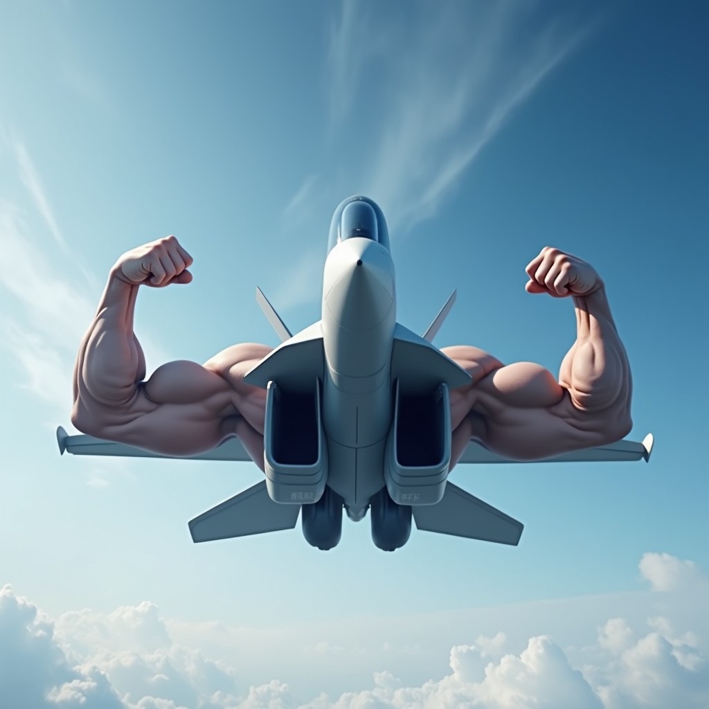 A fighter jet ingeniously constructed from muscular manly arms, where the arms serve as the wings and fuselage of the aircraft, showcasing exaggerated muscle definition and strength