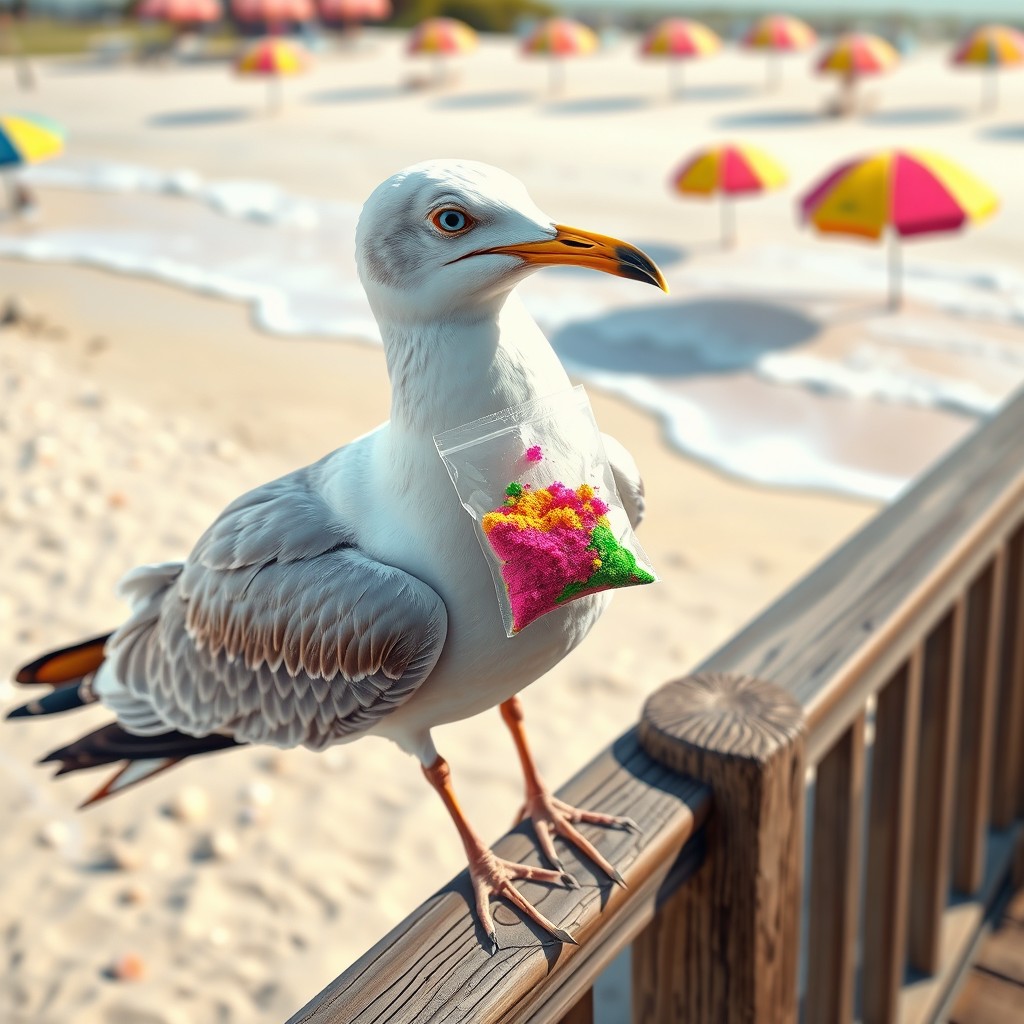 A surreal depiction of a seagull perched on a wooden railing, casually holding a small baggie of colorful powders in its beak, as it gazes around with a mischievous glint in its eye