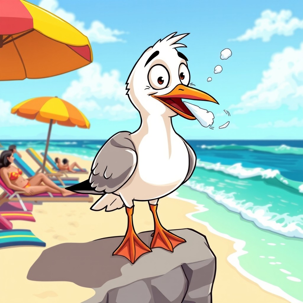 A whimsical and humorous scene of a cartoon seagull perched on a beach, engaging in an amusing act of playfully pretending to do cocaine