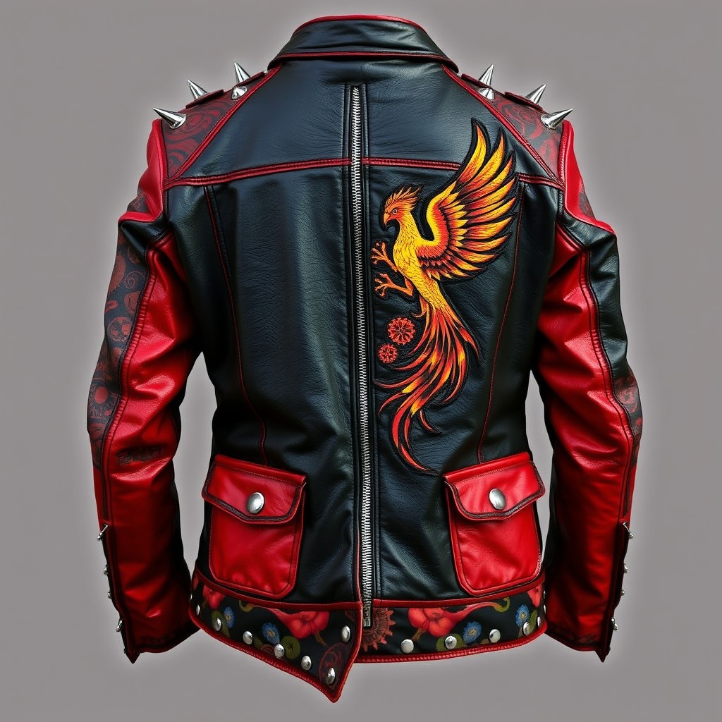 A black leather jacket with intense red details, featuring an asymmetrical design with one long sleeve and the other cut off at the elbow, revealing fictional tattoos of gears and alchemical symbols