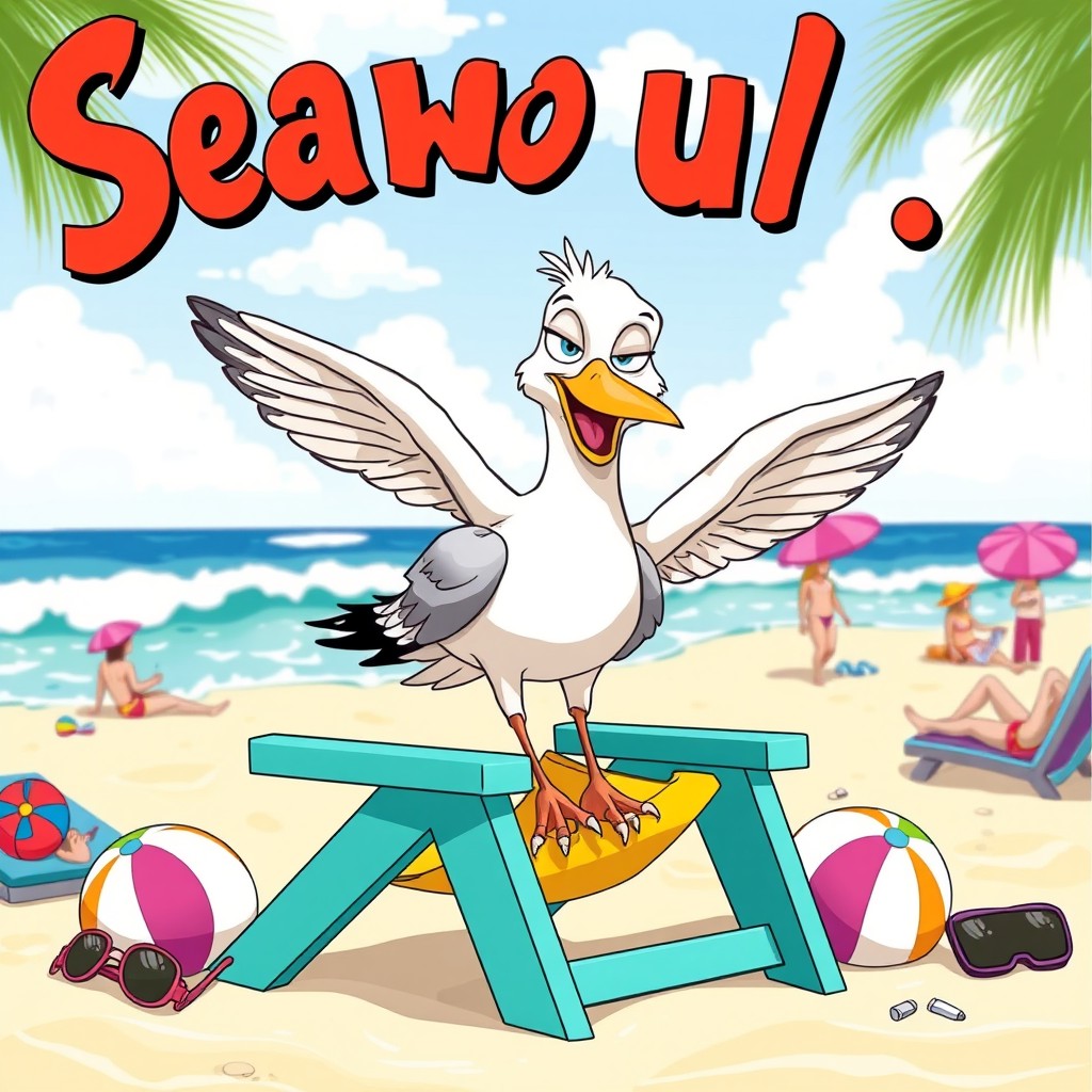 A humorous and whimsical illustration of a seagull in a vibrant beach setting, appearing energetic and animated, with exaggerated features that reflect its playful demeanor