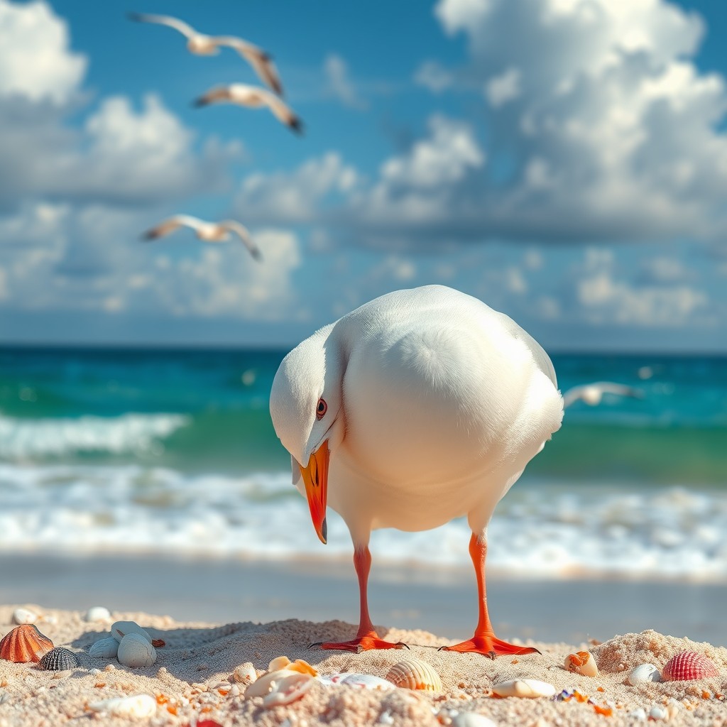 A curious seagull playfully sniffing a colorful beach scene, with sand, seashells, and the ocean waves gently crashing in the background