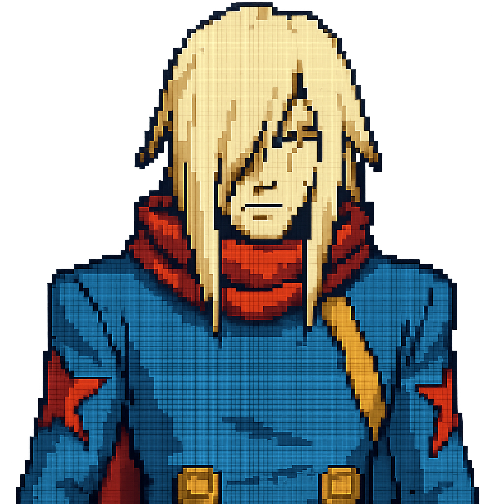 pixel portrait wearing blue military uniform