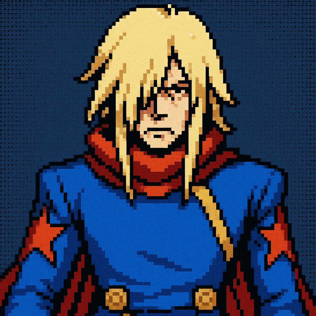 pixel art portrait wearing blue military uniform