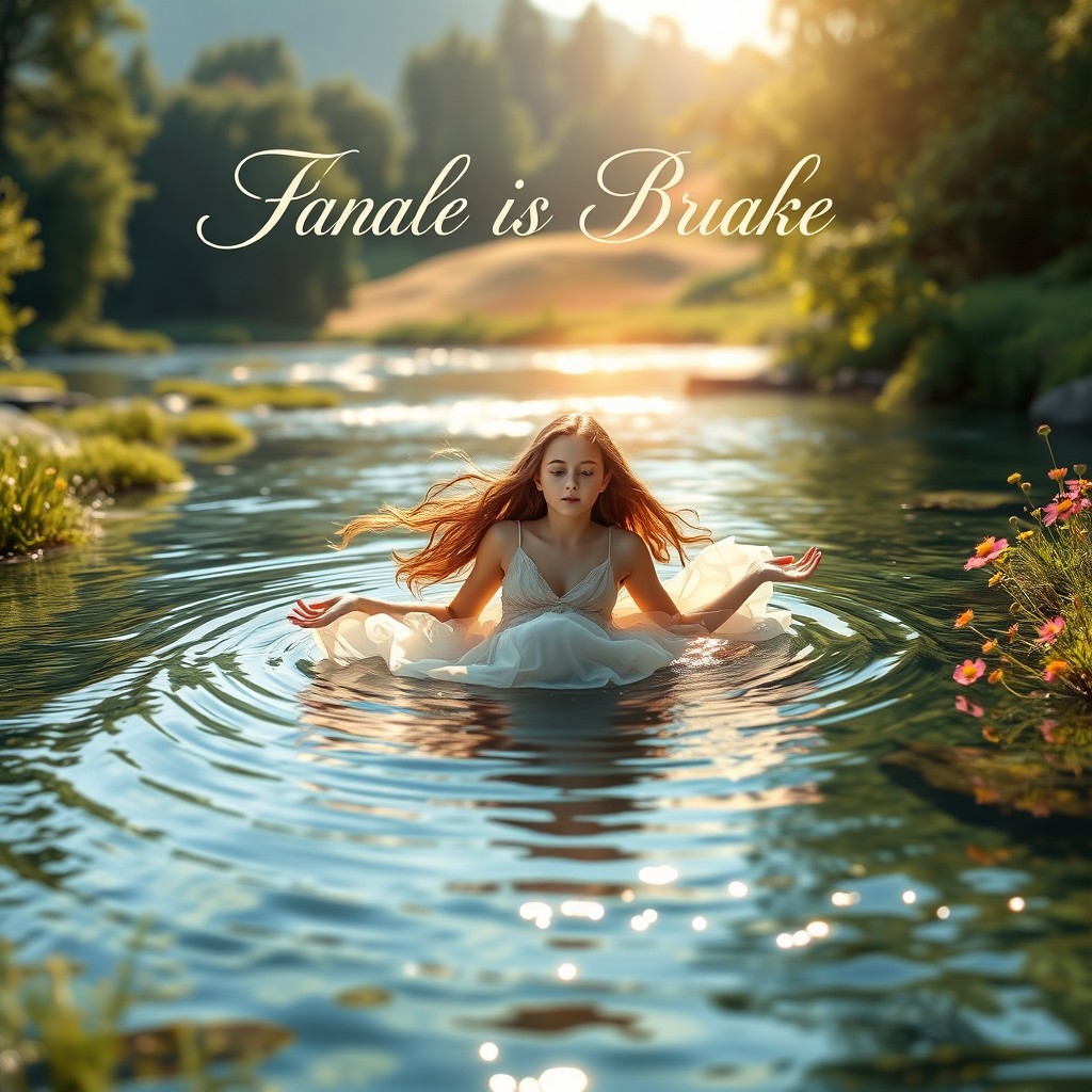 A captivating book cover featuring a young woman gracefully floating in a serene river, surrounded by lush greenery and soft sunlight filtering through the trees