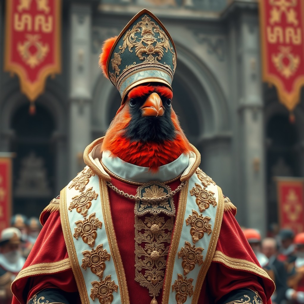 A cardinal bird dressed in elaborate papal garments featuring a striking military theme