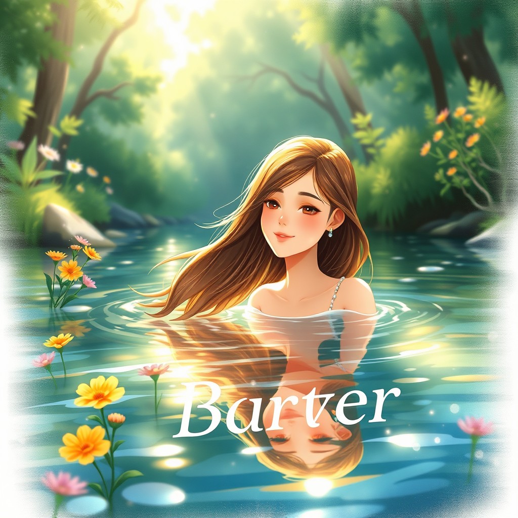 A captivating book cover illustration featuring a young woman basking in a serene river setting