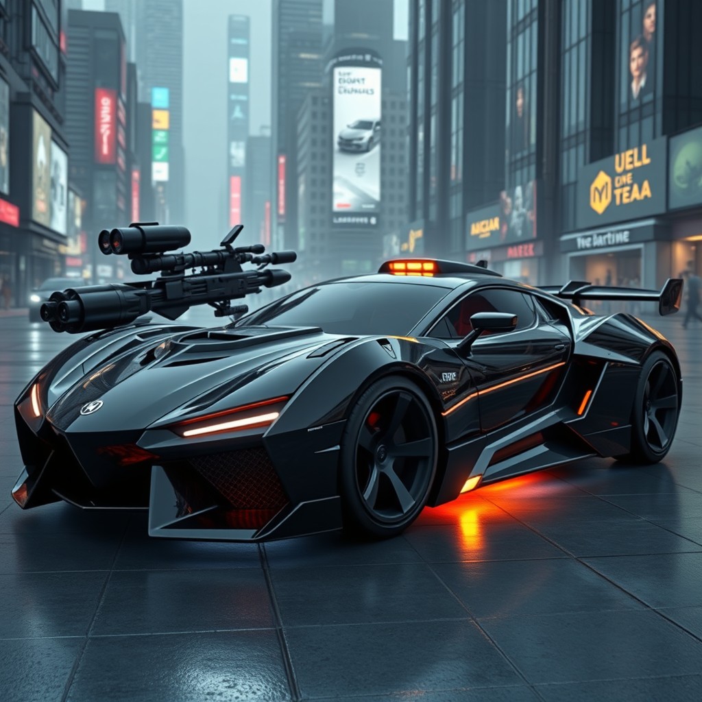An advanced weaponized car designed for futuristic battles, featuring sleek aerodynamic lines, a glossy black finish, and integrated high-tech weaponry