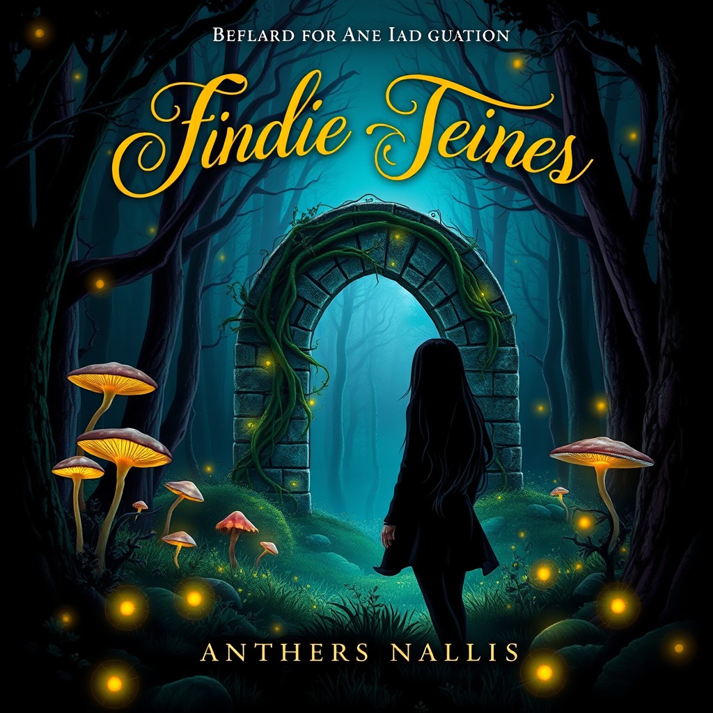 A captivating book cover design featuring a mystical forest at twilight, with glowing mushrooms and fireflies illuminating the scene