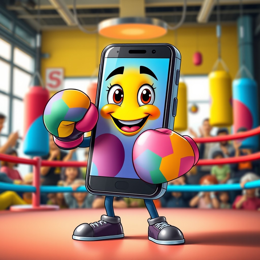 A mobile phone character, anthropomorphized, wearing oversized, colorful boxing gloves