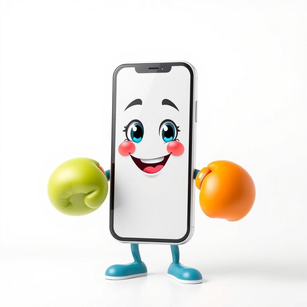 A mobile phone character, anthropomorphized with a cheerful expression, wearing oversized, colorful boxing gloves