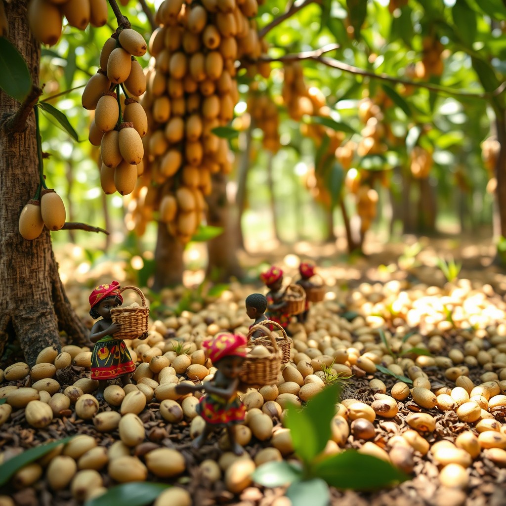A picturesque scene featuring tiny figures dressed in vibrant traditional African clothing, engaging in the harvest of raw shea nuts from an abundant and lush shea tree forest