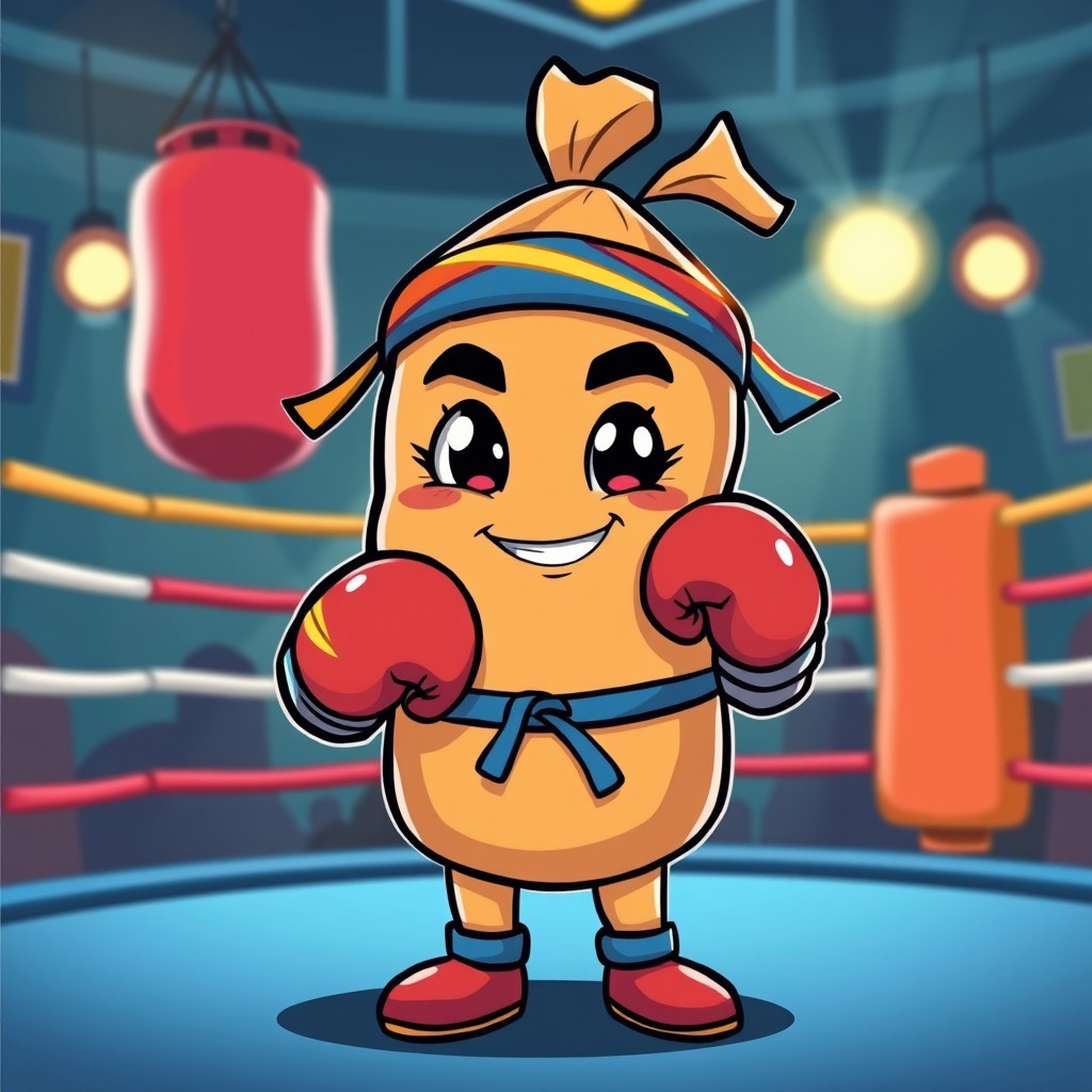 A whimsical character designed to resemble a sambusa (samosa) wearing colorful boxing gloves and a headband, ready for a playful boxing match