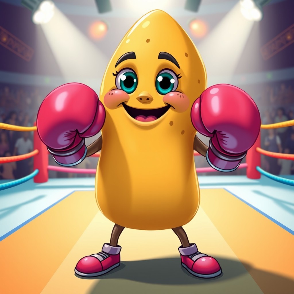 A whimsical samusa (samosa) character adorned with vibrant, oversized boxing gloves, striking a playful boxing pose