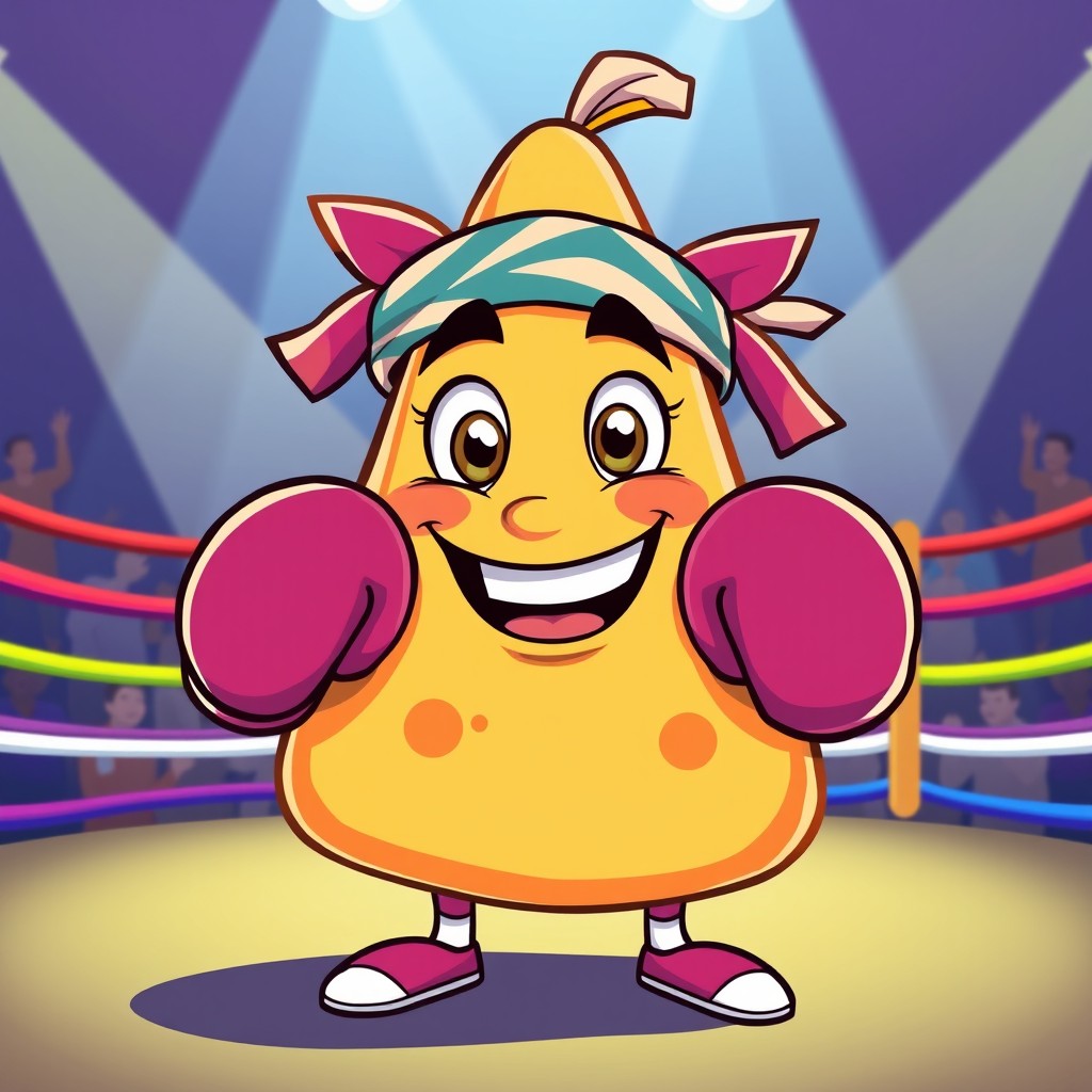 A fun and playful samusa (samosa) character designed as a triangle, proudly wearing large, colorful boxing gloves and a sport headband