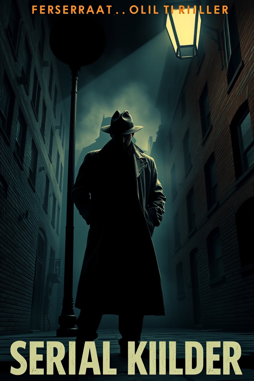 A vintage-inspired crime thriller book cover featuring a detective in a dark, atmospheric city at night, embodying elements of a serial killer investigation