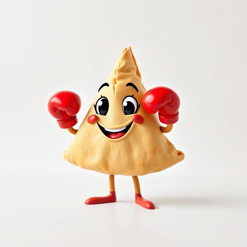 A playful samusa (samosa) character shaped like a triangle, wearing bright red boxing gloves, confidently posing against a clean white wallpaper background