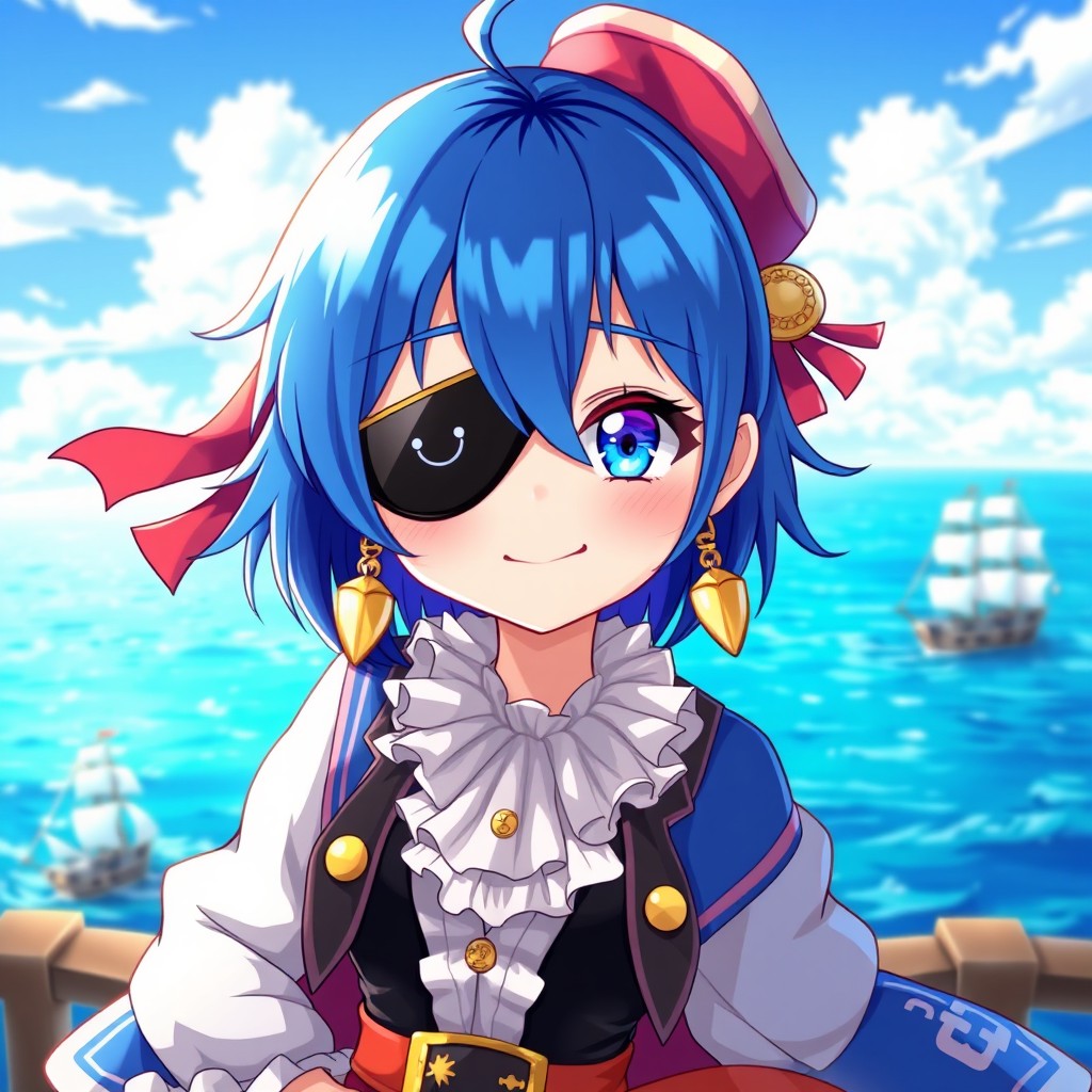 A vibrant blue-haired anime girl wearing a stylish pirate eye patch, showcasing bold character design