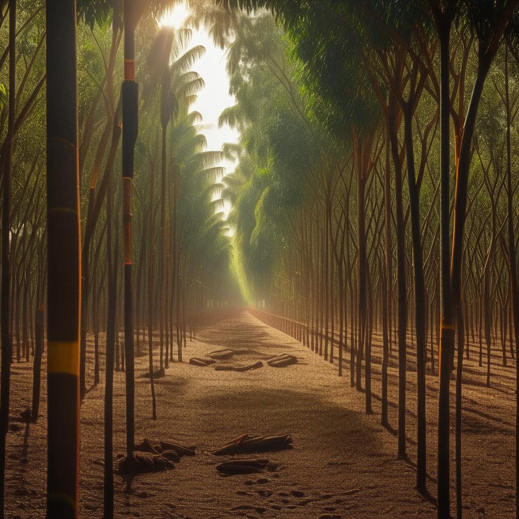 A compelling magazine cover dedicated to rubber production, showing a plantation of rubber trees, harvested rubber, and a factory in the background.