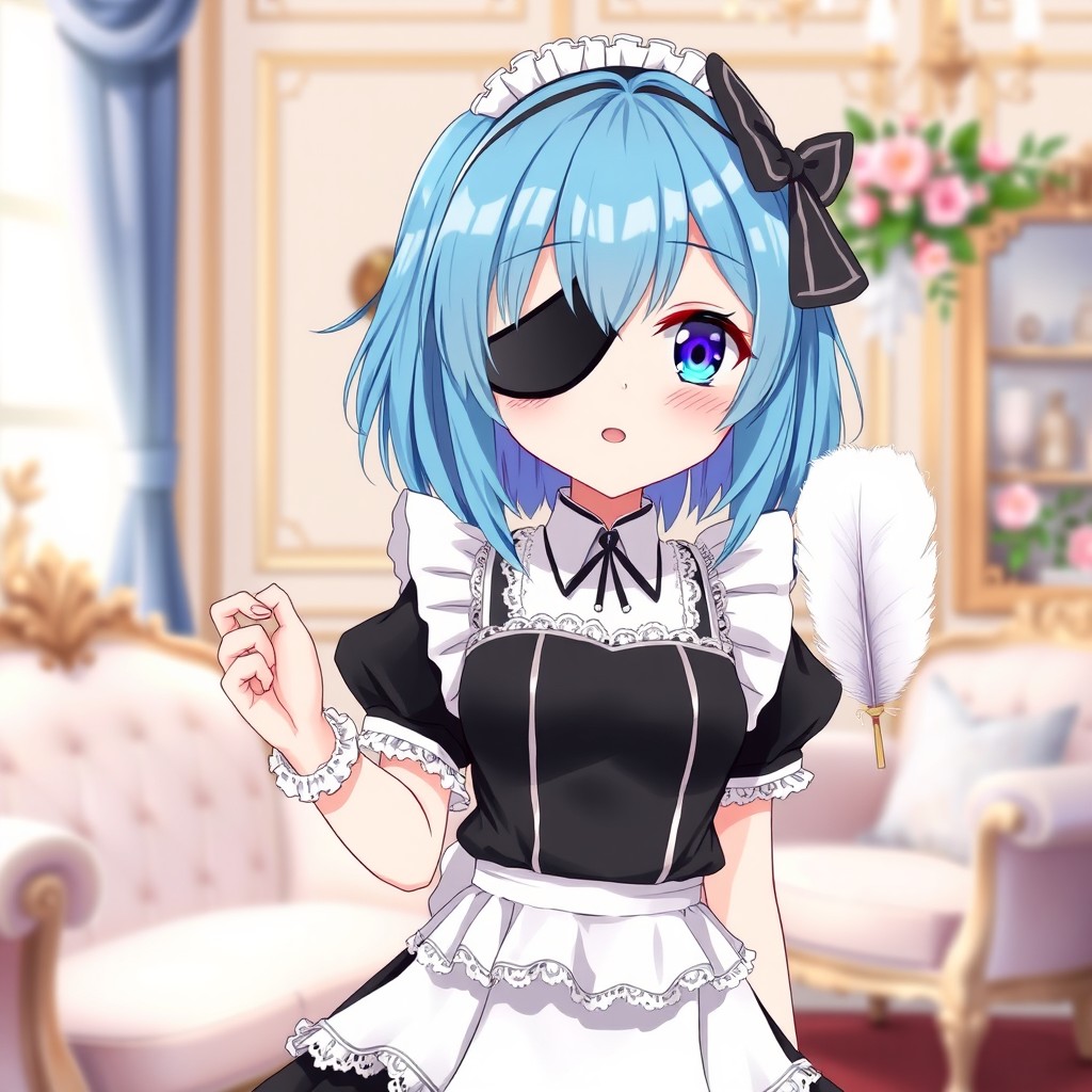 A charming blue-haired anime girl wearing a classic maid dress, featuring frills and lace accents