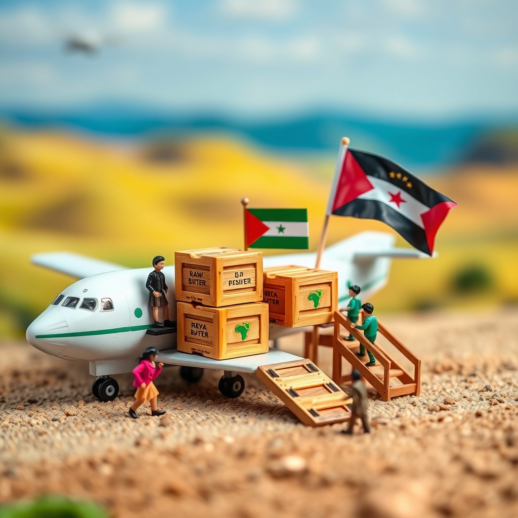 A whimsical scene depicting tiny figures loading wooden crates of raw shea butter onto a toy-sized airplane, which is prominently marked with an African flag